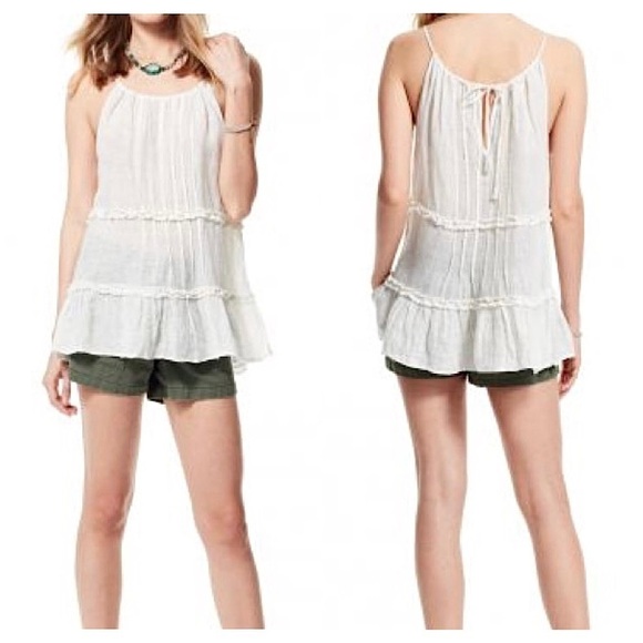 CALYPSO ST. BARTH Ivory Linen Halter Tie Neck Tiered Ruffle Trim Trapeze Tank XS - Picture 1 of 6